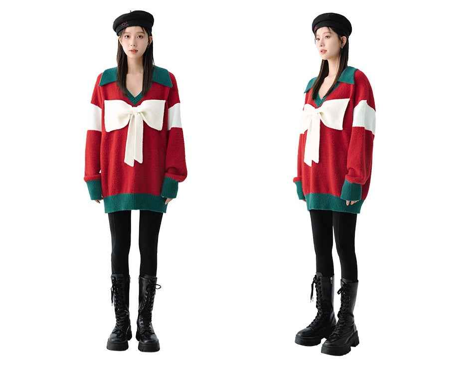 Christmas New Style Red Sweet And Cool Cute Bow Knitted Top Women