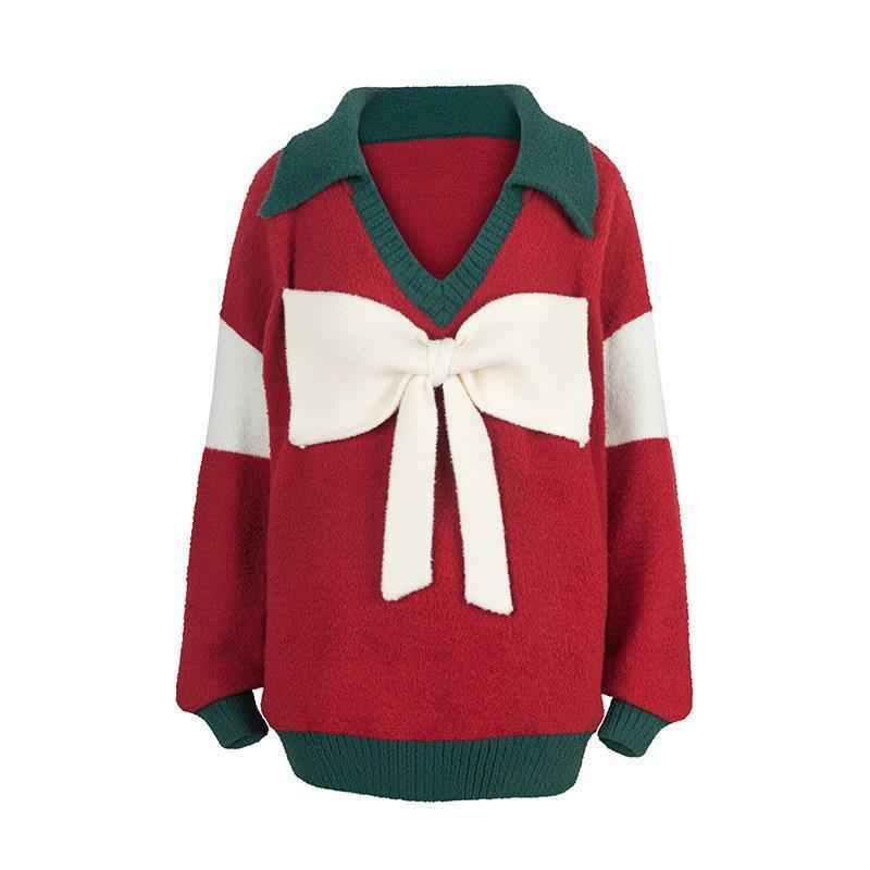 Christmas New Style Red Sweet And Cool Cute Bow Knitted Top Women