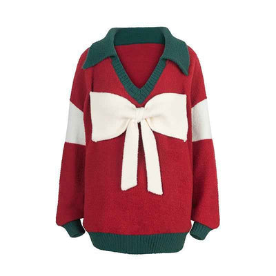 Christmas New Style Red Sweet And Cool Cute Bow Knitted Top Women