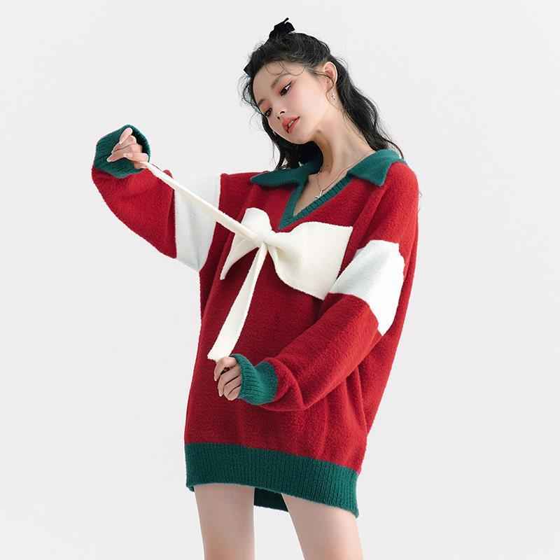 Christmas New Style Red Sweet And Cool Cute Bow Knitted Top Women