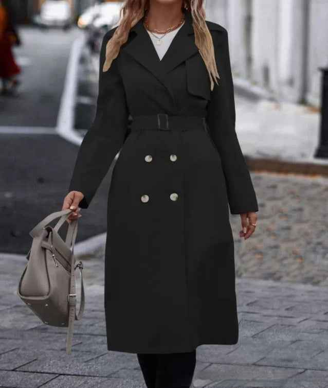 Lapel Double-breasted Trench Coat With Belt Winter Fashion Solid Color Long Jacket Outwear Women Clothing