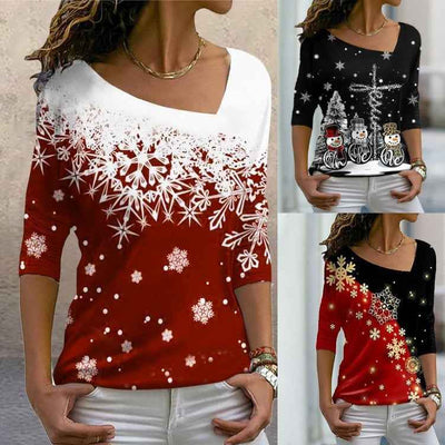 New Christmas Elements Printed Long-sleeved Diagonal Collar Pullover T-shirt For Women
