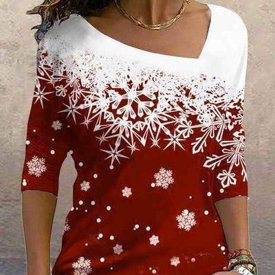 New Christmas Elements Printed Long-sleeved Diagonal Collar Pullover T-shirt For Women