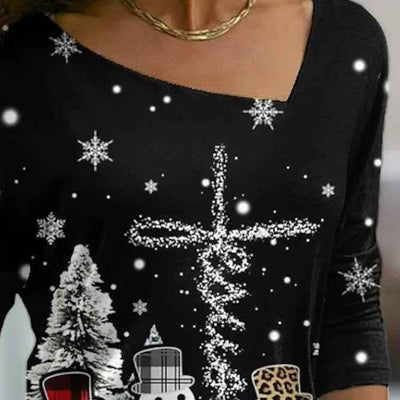 New Christmas Elements Printed Long-sleeved Diagonal Collar Pullover T-shirt For Women
