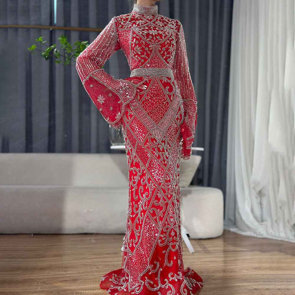 Red High Collar Fishtail Evening Long Dress