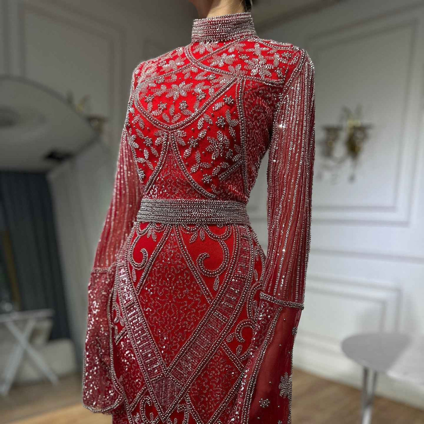 Red High Collar Fishtail Evening Long Dress