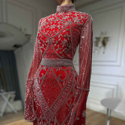 Red High Collar Fishtail Evening Long Dress