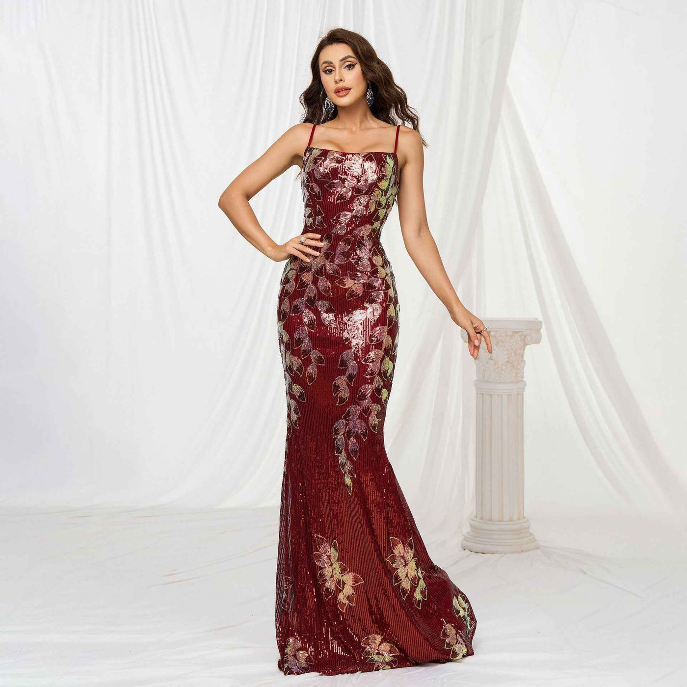 Sling Off-neck Sheath Sequined Banquet Fishtail Evening Dress