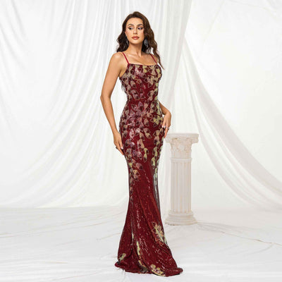 Sling Off-neck Sheath Sequined Banquet Fishtail Evening Dress
