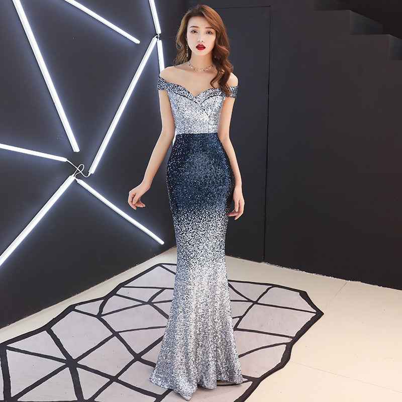 Banquet Evening Dress Women'S Fashion New Style Aura Queen Shoulder Noble Elegant Long Style Celebrity Host Fishtail