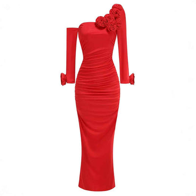 Three-dimensional Flower Slanted Shoulder Long Sleeved Dress