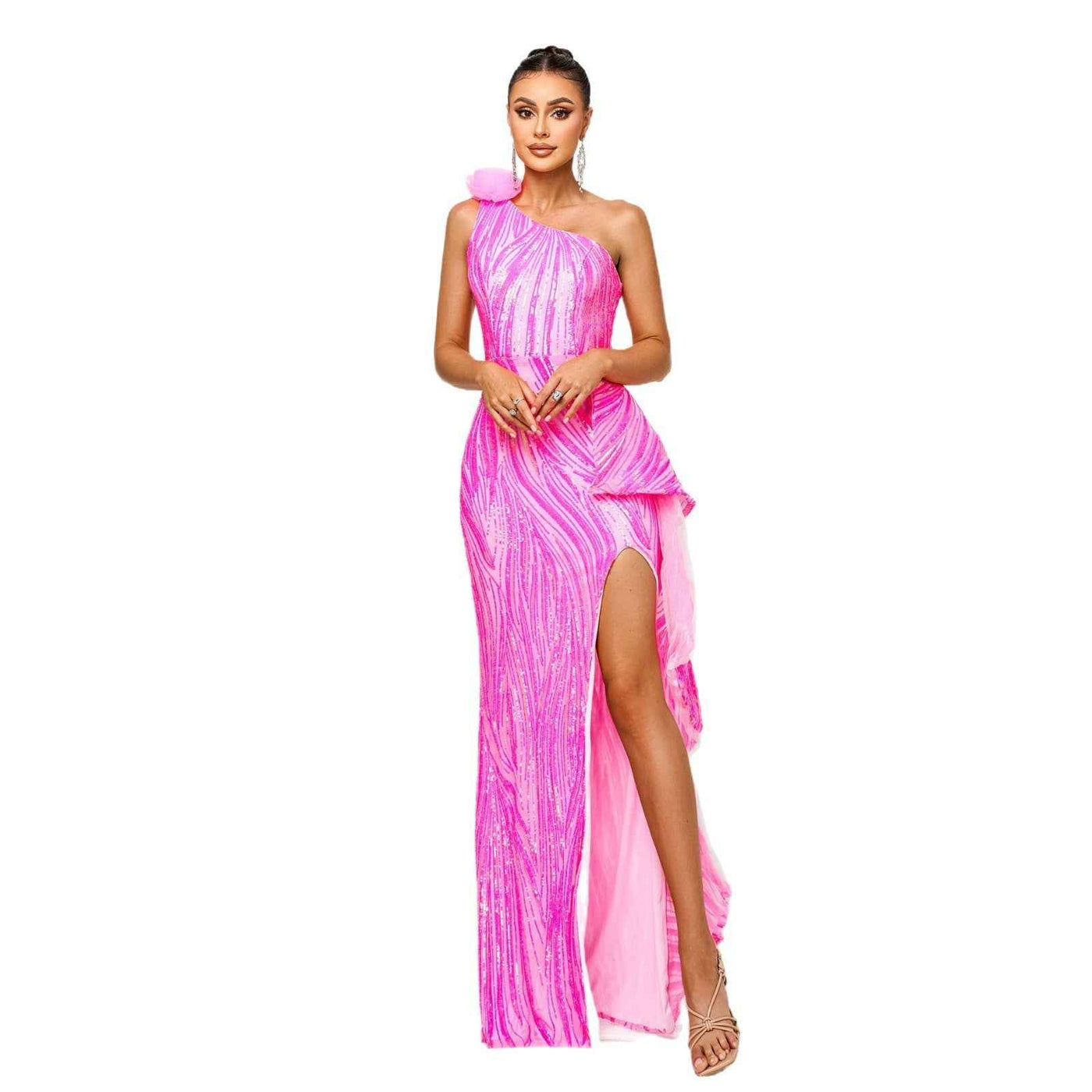 One-shoulder Diagonal Collar Sequined Slit Evening Dress