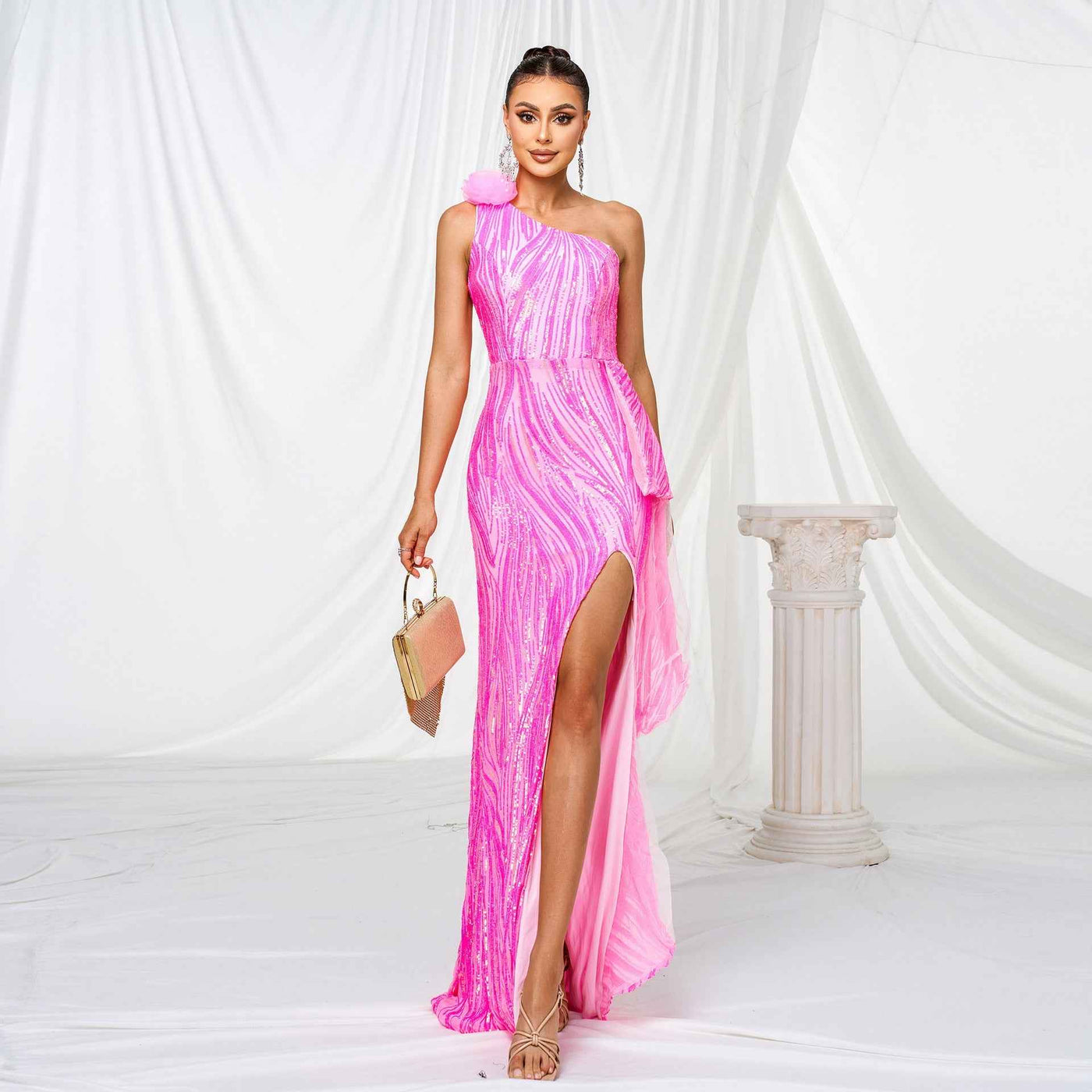 One-shoulder Diagonal Collar Sequined Slit Evening Dress