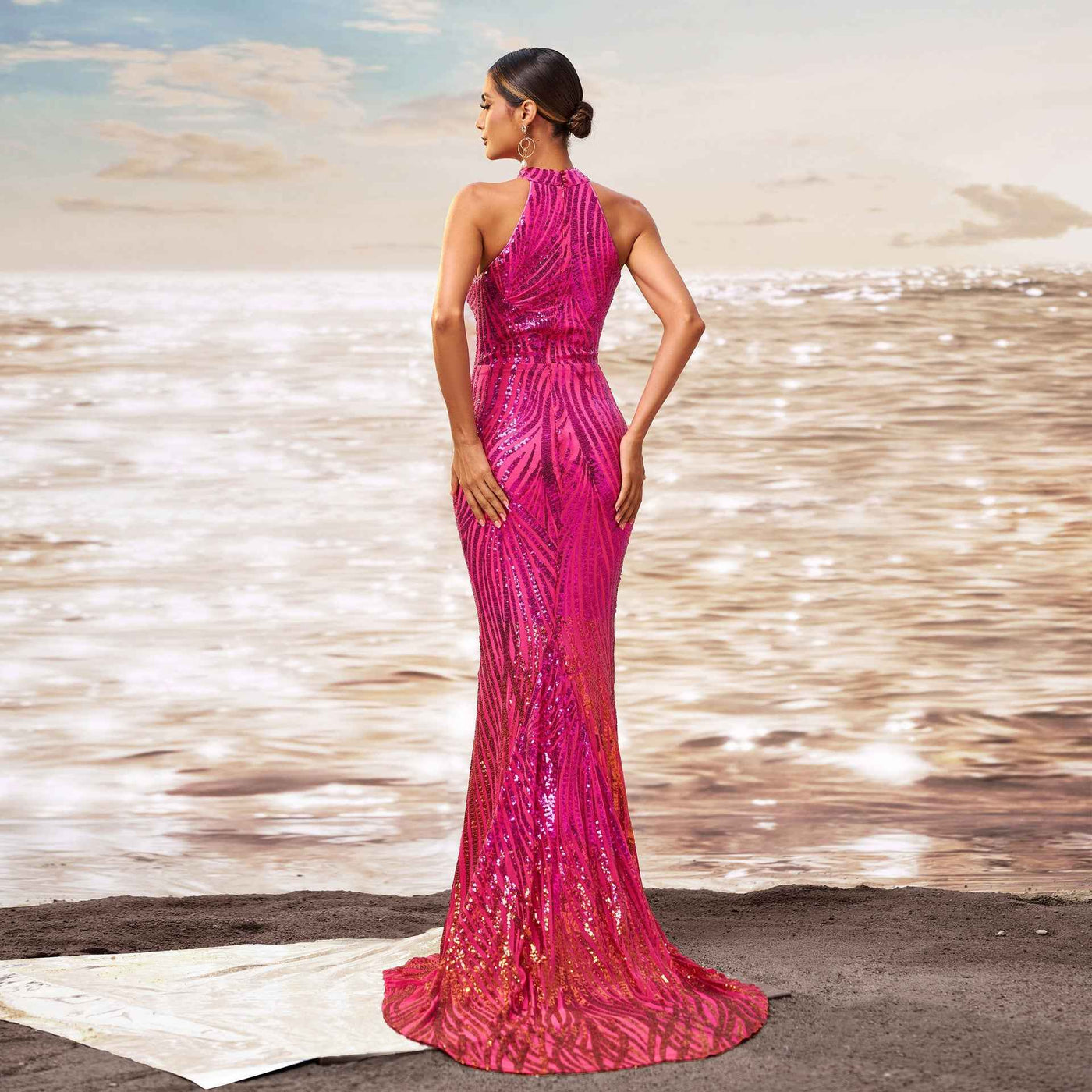 Round Neck Off-the-shoulder Slim-fit Sheath Sequined Banquet Fishtail Evening Dress