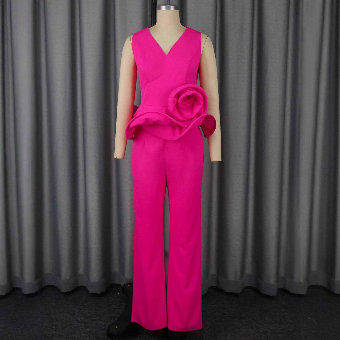 Three-dimensional Flower V-neck Sleeveless Top High Waist Fashion Straight-leg Pants