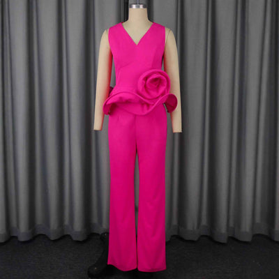 Three-dimensional Flower V-neck Sleeveless Top High Waist Fashion Straight-leg Pants