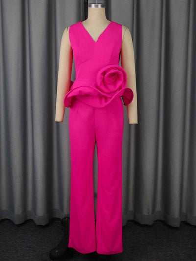 Three-dimensional Flower V-neck Sleeveless Top High Waist Fashion Straight-leg Pants