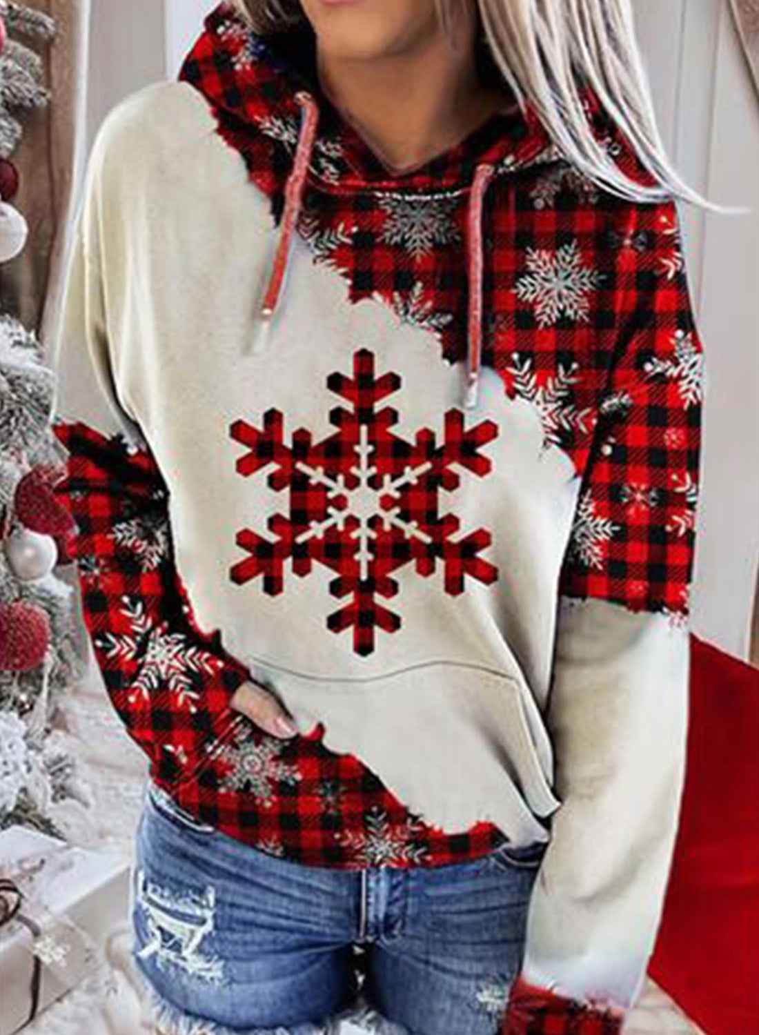 Christmas Print Contrast Sweater Hoodie
