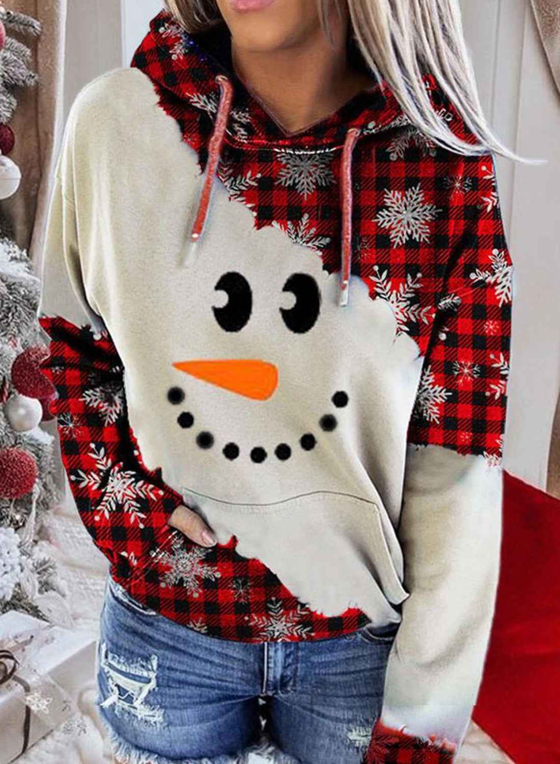 Christmas Print Contrast Sweater Hoodie