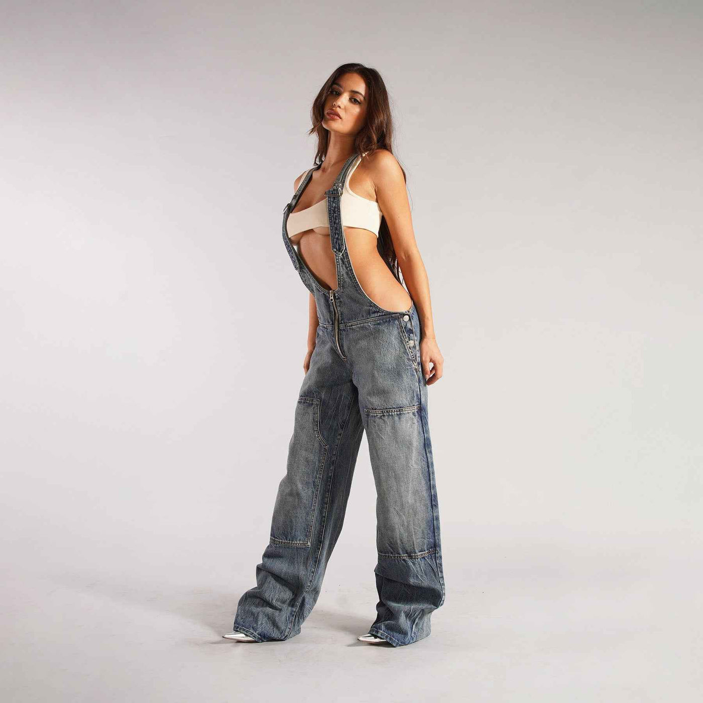 Y2K Zipper Denim Overalls With Pockets Fashion Loose Suspender Jumpsuit Streetwear Jeans Pants Womens Clothing
