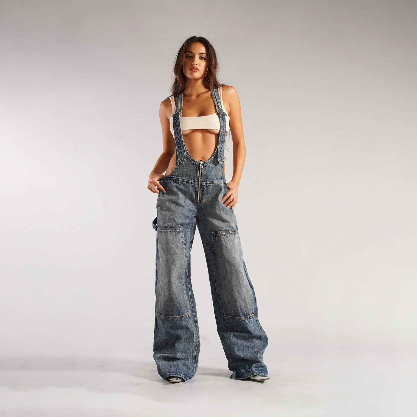 Y2K Zipper Denim Overalls With Pockets Fashion Loose Suspender Jumpsuit Streetwear Jeans Pants Womens Clothing