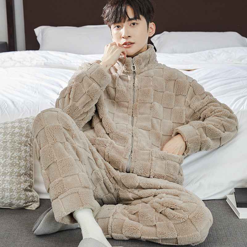 Pajamas Men's Jacquard Flannel Loose Fleece-lined Warm Loungewear