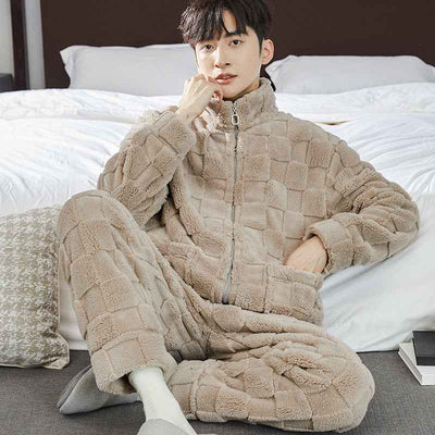 Pajamas Men's Jacquard Flannel Loose Fleece-lined Warm Loungewear