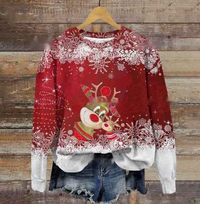 Autumn And Winter Ladies Funny Print Christmas Holiday Casual Round Neck Sweater