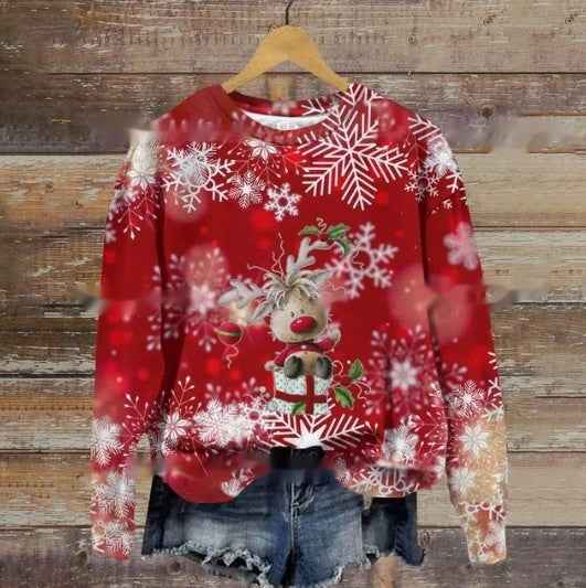 Autumn And Winter Ladies Funny Print Christmas Holiday Casual Round Neck Sweater