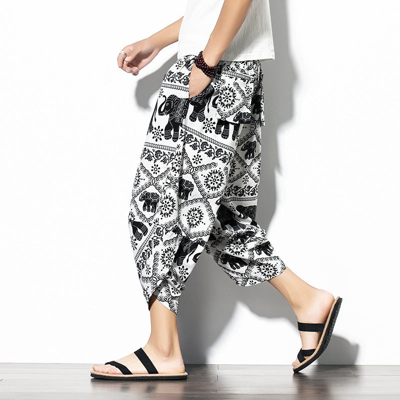 Printed Pants Baggy Cotton And Linen Loose Casual Cropped Pants SHOPPORA