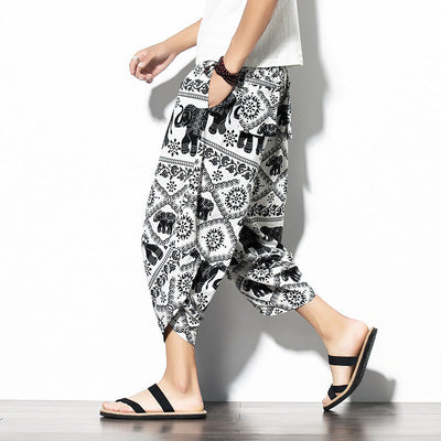Printed Pants Baggy Cotton And Linen Loose Casual Cropped Pants SHOPPORA