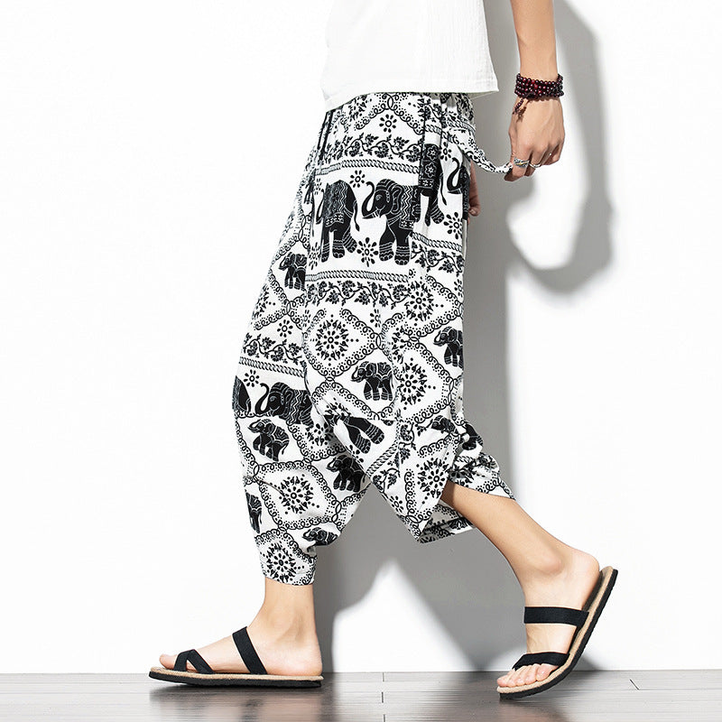 Printed Pants Baggy Cotton And Linen Loose Casual Cropped Pants SHOPPORA