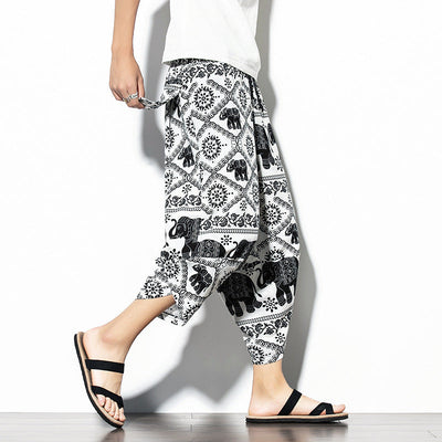 Printed Pants Baggy Cotton And Linen Loose Casual Cropped Pants SHOPPORA