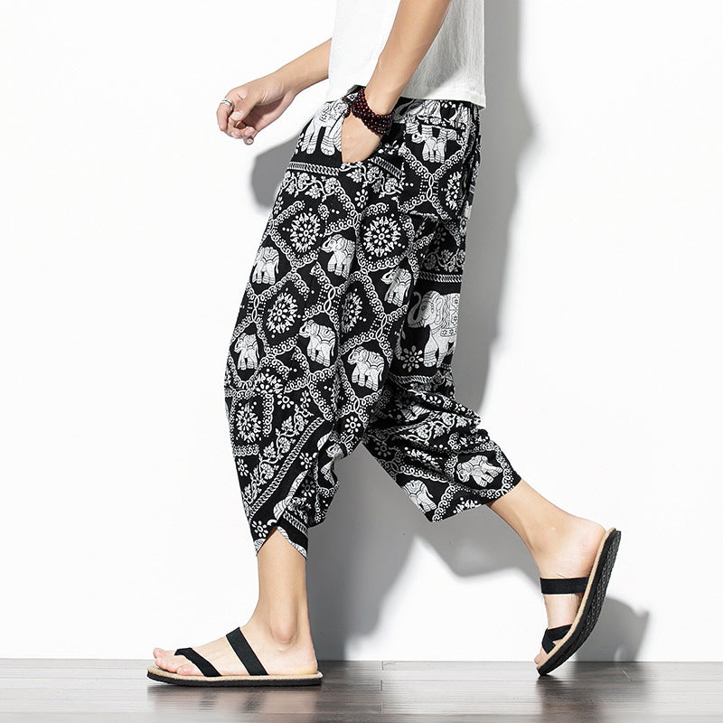 Printed Pants Baggy Cotton And Linen Loose Casual Cropped Pants SHOPPORA