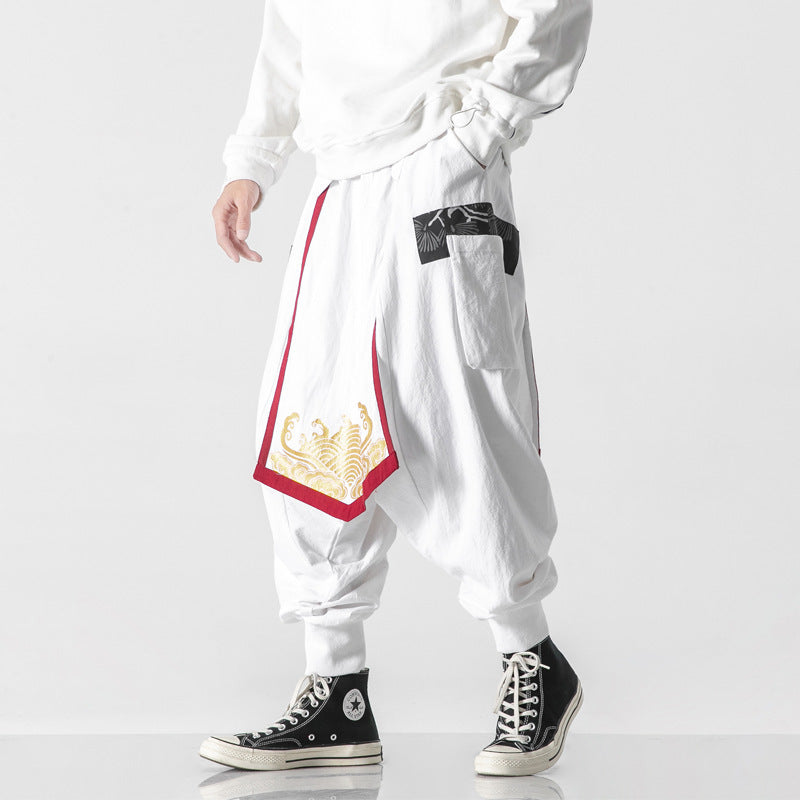 Cotton And Linen Men's Personality Printed Wide-leg Pants With Large Crotch SHOPPORA