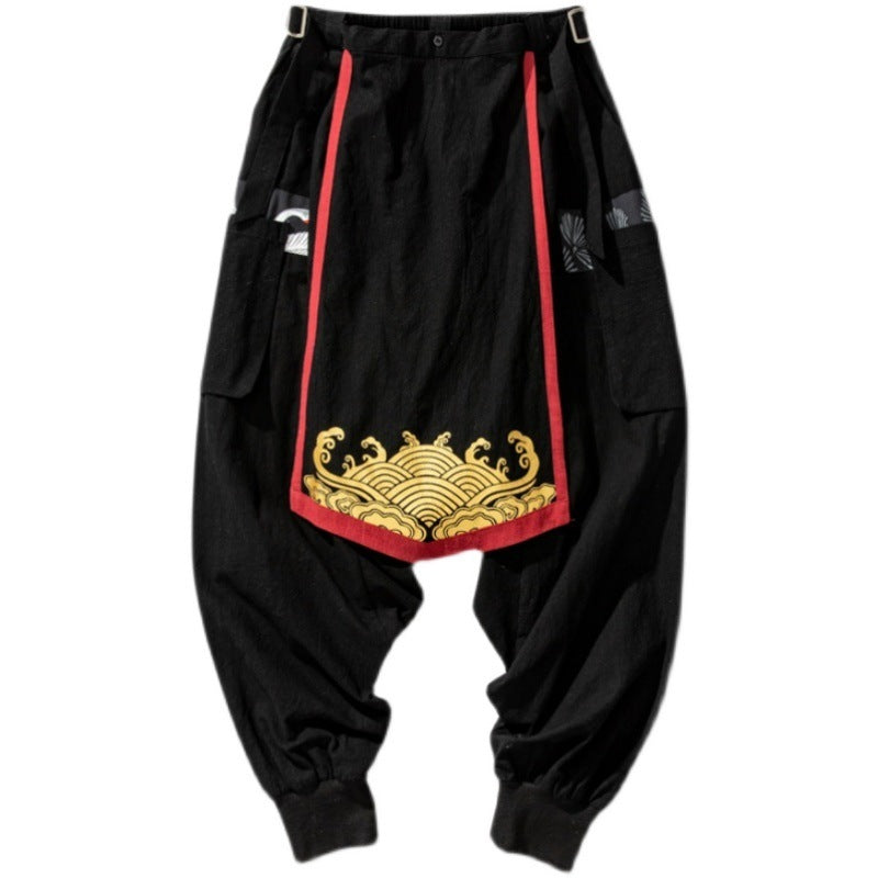 Cotton And Linen Men's Personality Printed Wide-leg Pants With Large Crotch SHOPPORA