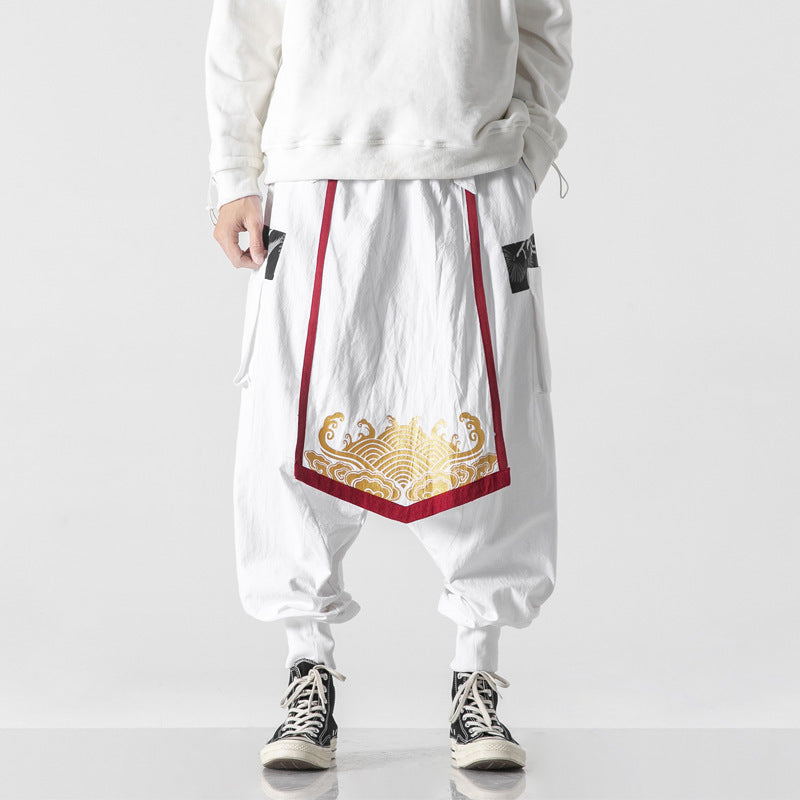 Cotton And Linen Men's Personality Printed Wide-leg Pants With Large Crotch SHOPPORA