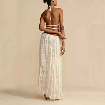 2pcs Women's Dress Suit Sexy Sleeveless Backless Cropped Halter Top And Pleated Long Skirt Beach Clothing