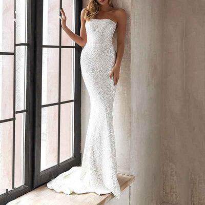 European And American Women's Clothing Slim Fit Fashion Dress Sequins White