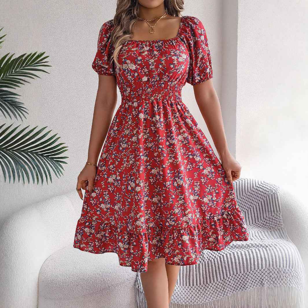 Floral Print Square Collar Dress Summer Fashion Ruffles Dresses Women's Clothing