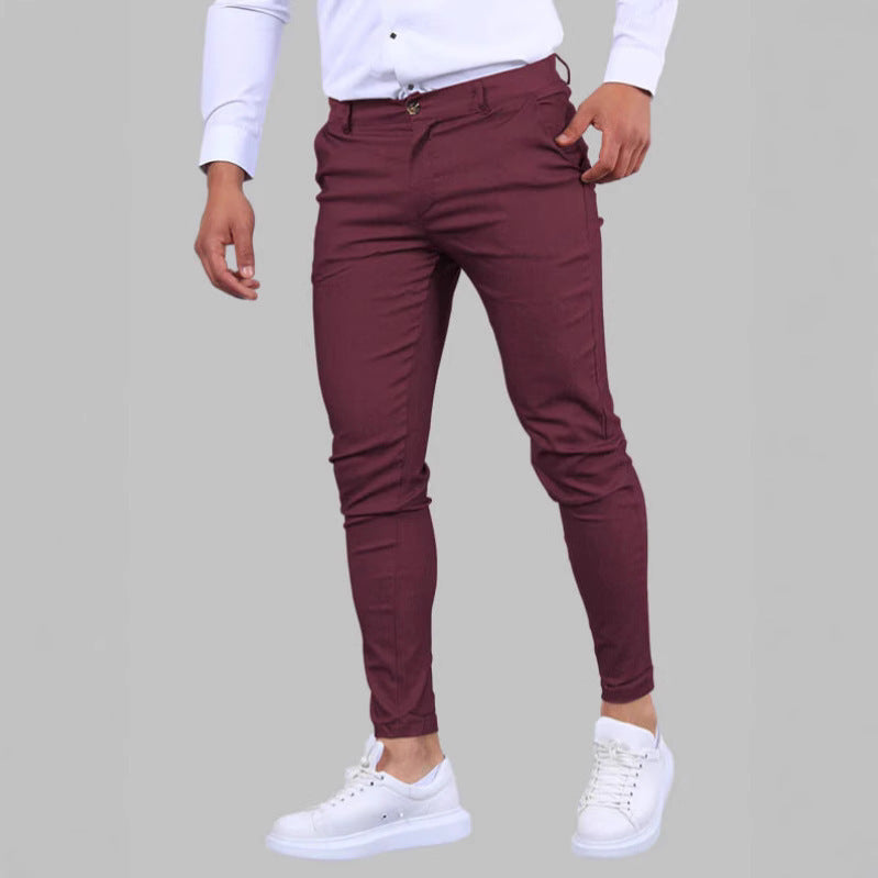 Men's Solid Color Twill Slim Fit Stretch Feet Pants SHOPPORA