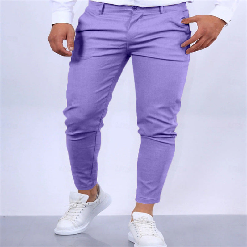 Men's Solid Color Twill Slim Fit Stretch Feet Pants SHOPPORA