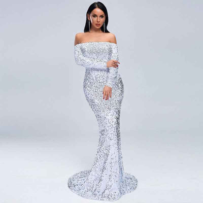 Sexy Strapless Long Sleeve Sequins Party Evening Dress