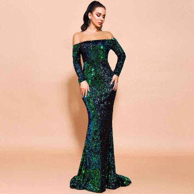 Sexy Strapless Long Sleeve Sequins Party Evening Dress