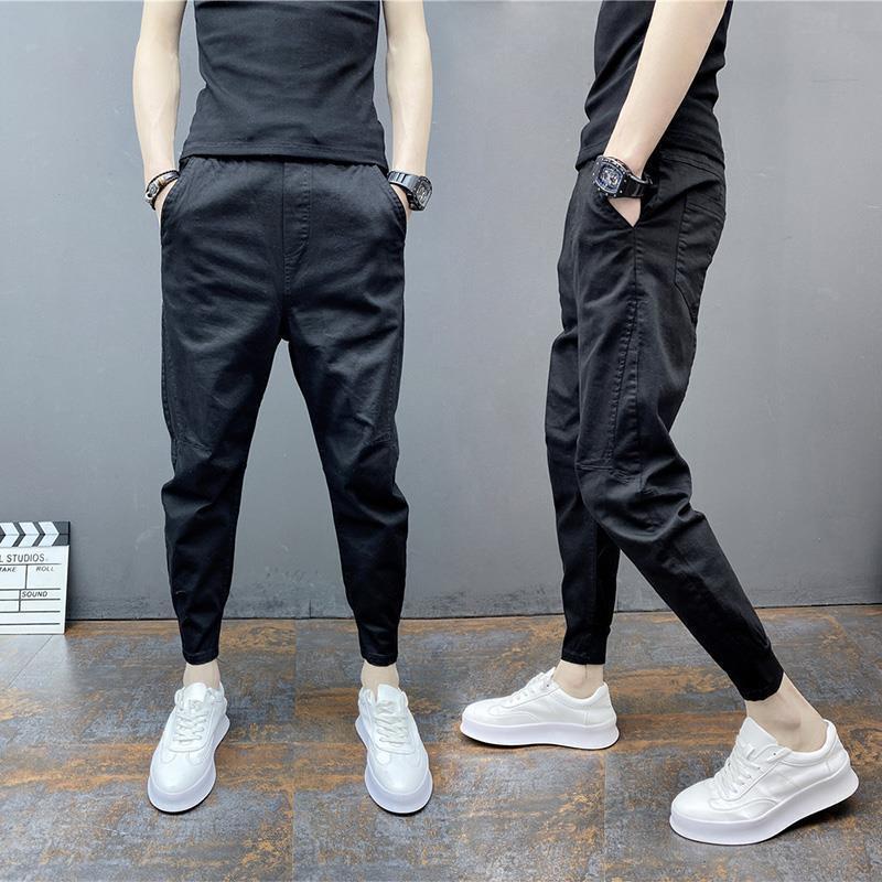 Slim-fitting Ankle Length Trousers Solid Color Elastic Ankle-tied Harem Pants SHOPPORA