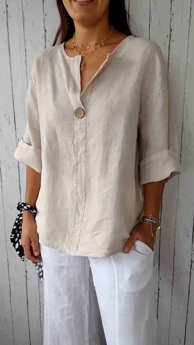 V-neck Long-sleeved T-shirt Fashion Loose Cotton And Linen Button Tops For Women