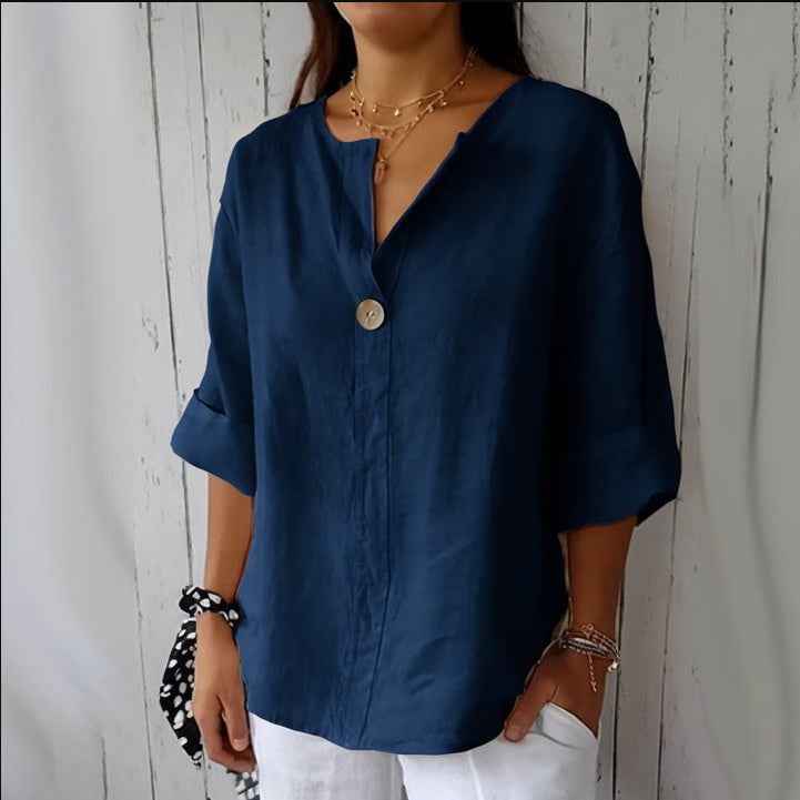 V-neck Long-sleeved T-shirt Fashion Loose Cotton And Linen Button Tops For Women