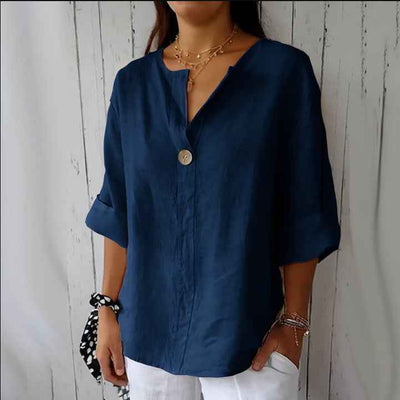 V-neck Long-sleeved T-shirt Fashion Loose Cotton And Linen Button Tops For Women