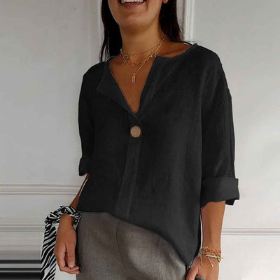 V-neck Long-sleeved T-shirt Fashion Loose Cotton And Linen Button Tops For Women