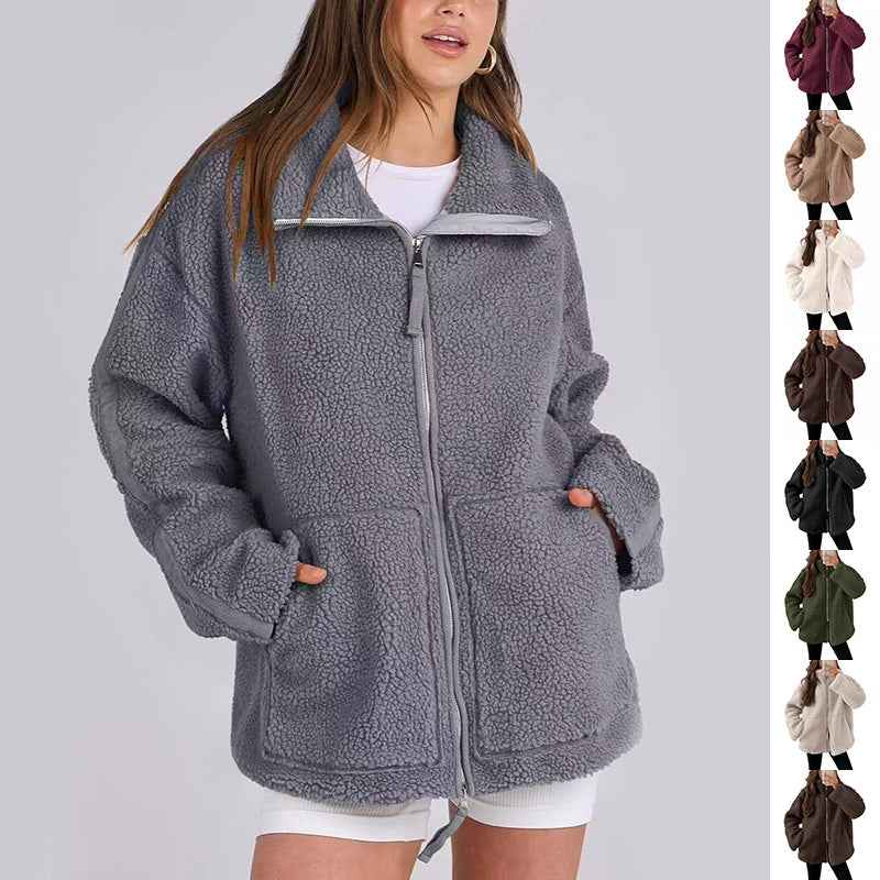 Winter Lapel Zip-up Coat With Pockets Casual Fashion Solid Fleece Jacket Fall Spring Long Sleeve Women's Clothing